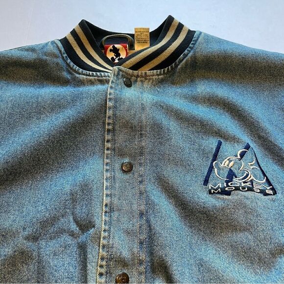 Disney Inc. Rare 90's Men's Mickey Mouse Blue and Tan Denim Varsity Jacket XL - Picture 6 of 13